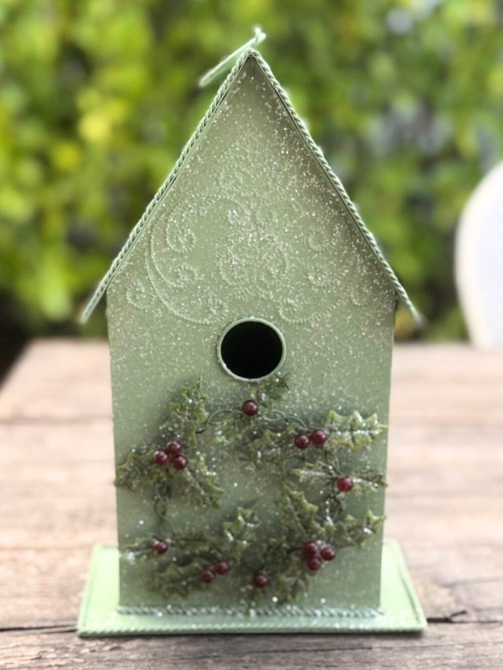 Vintage Santa's Workbench Green Snow Glitter Christmas Winter Holly Birdhouse
